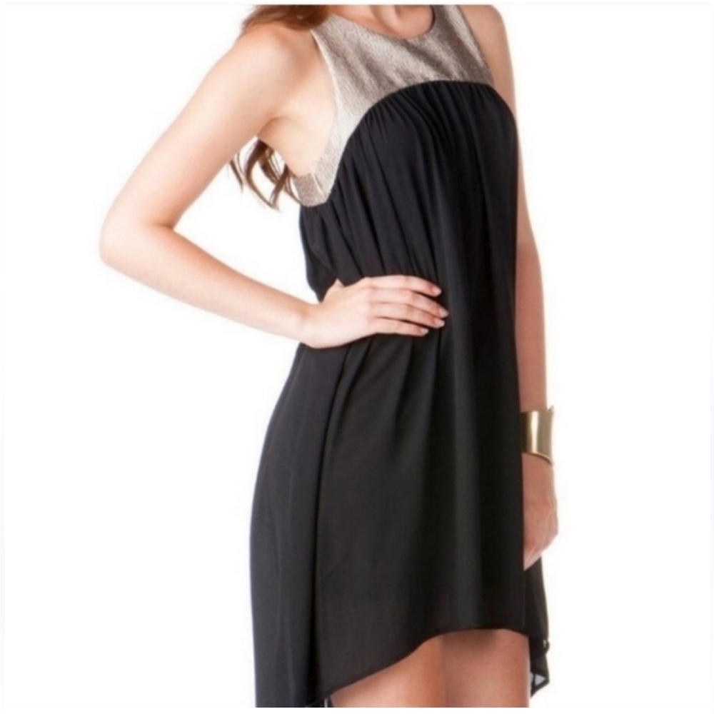 Needle & Thread Black & Gold Chiffon Swing Dress racerback size small